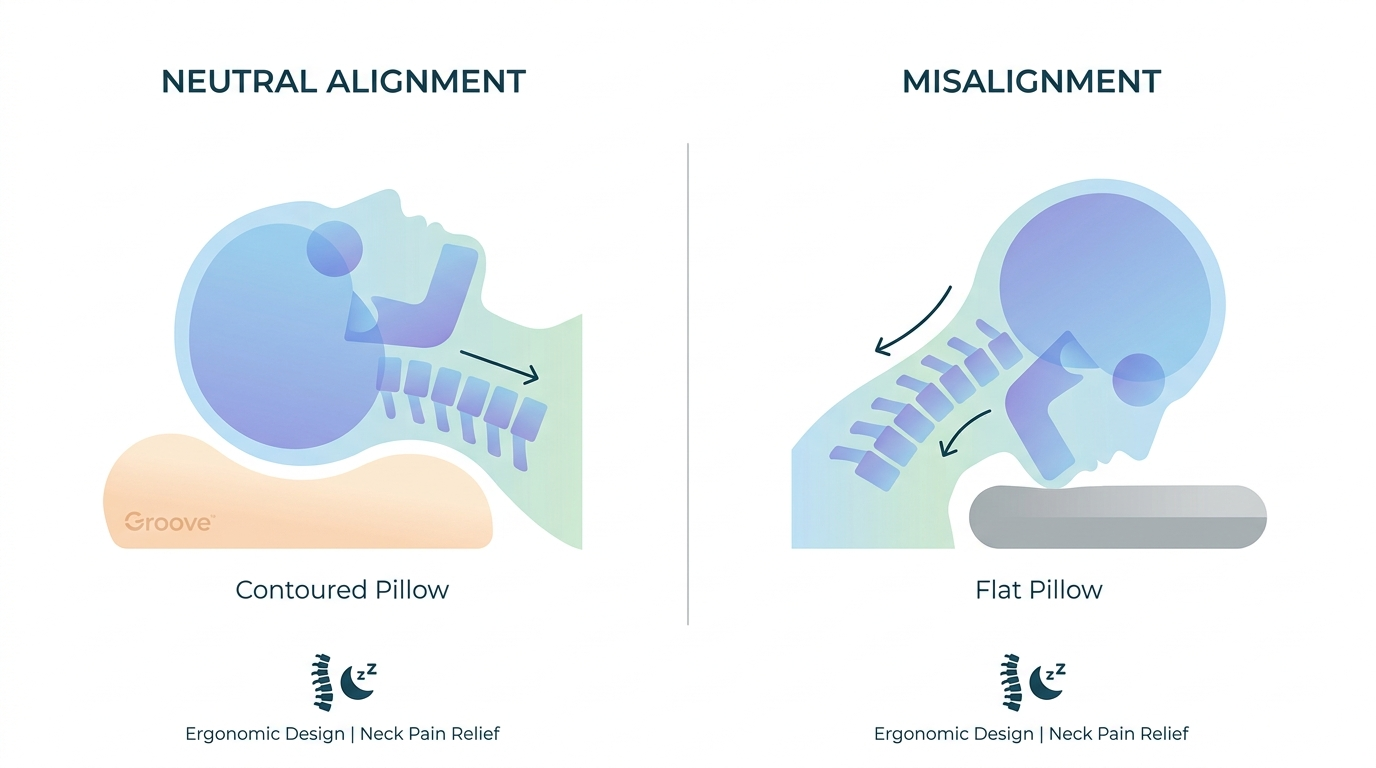 Diagram showing the Groove Pillow cervical dip cradling the neck in neutral position
