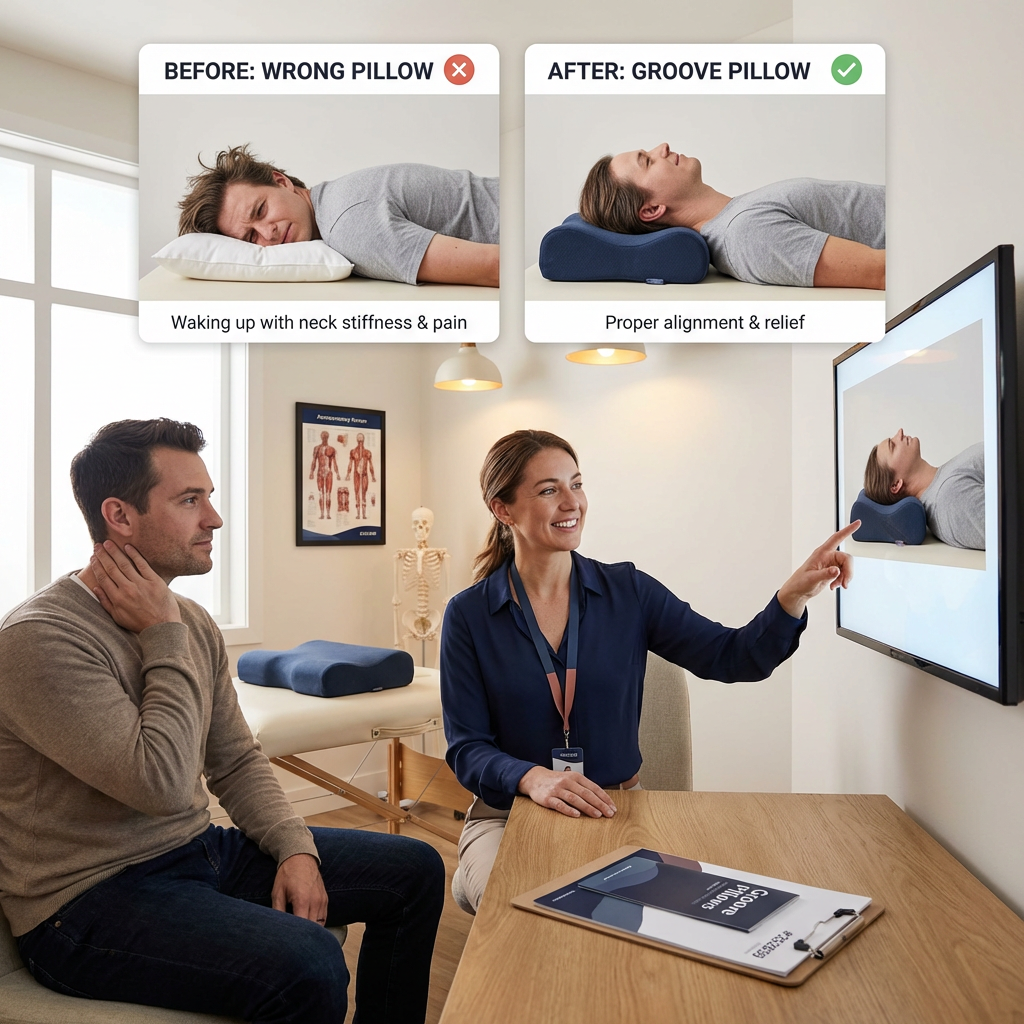 Side view showing head drooping on a flat pillow with neck out of neutral position