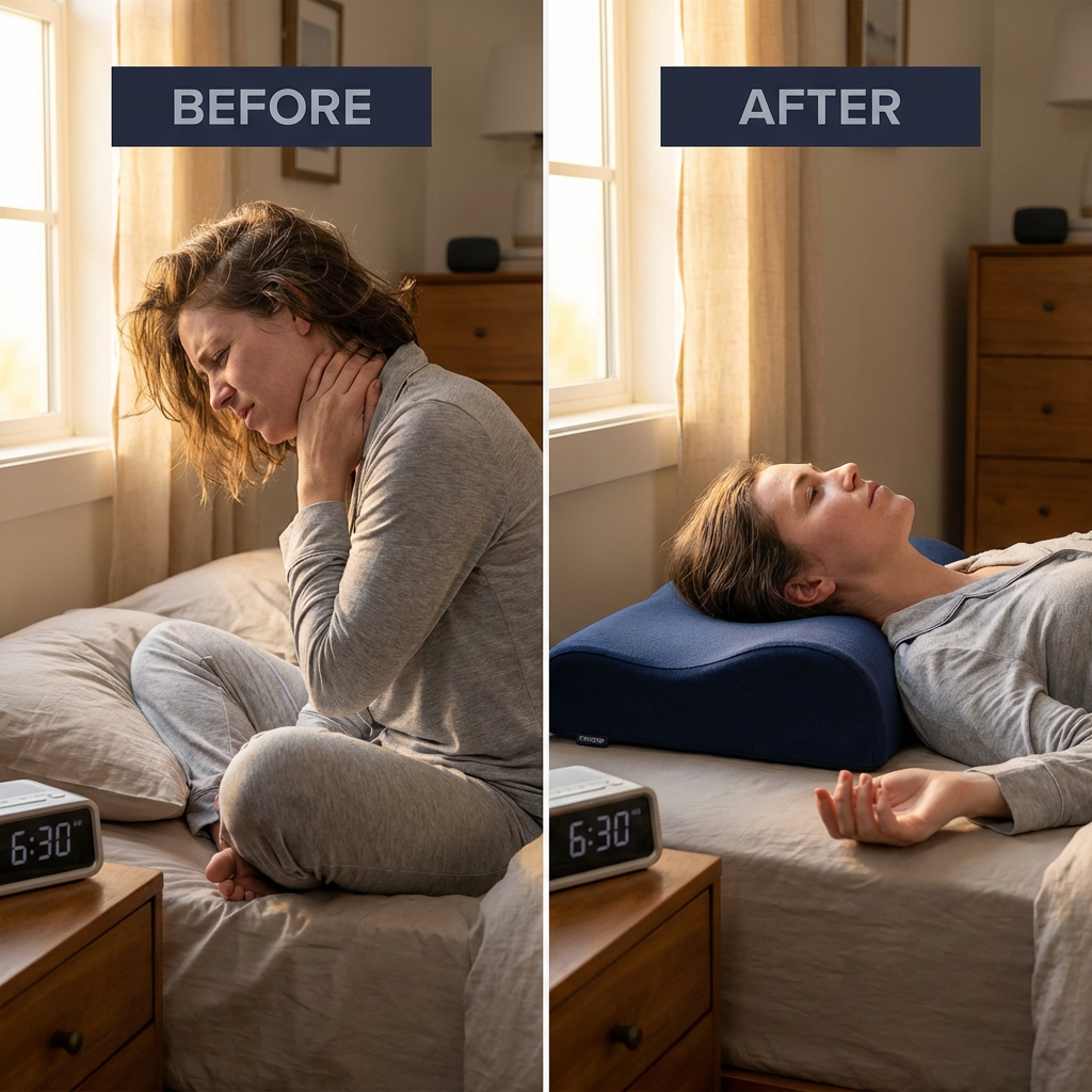 Side view showing head cradled by Groove Pillow with neck held in neutral position