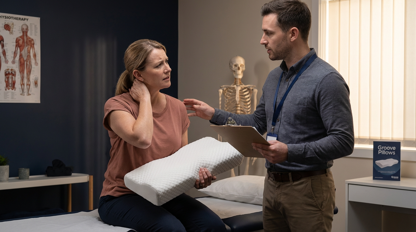 Person waking up and gripping a stiff, aching neck after a bad night on the wrong pillow