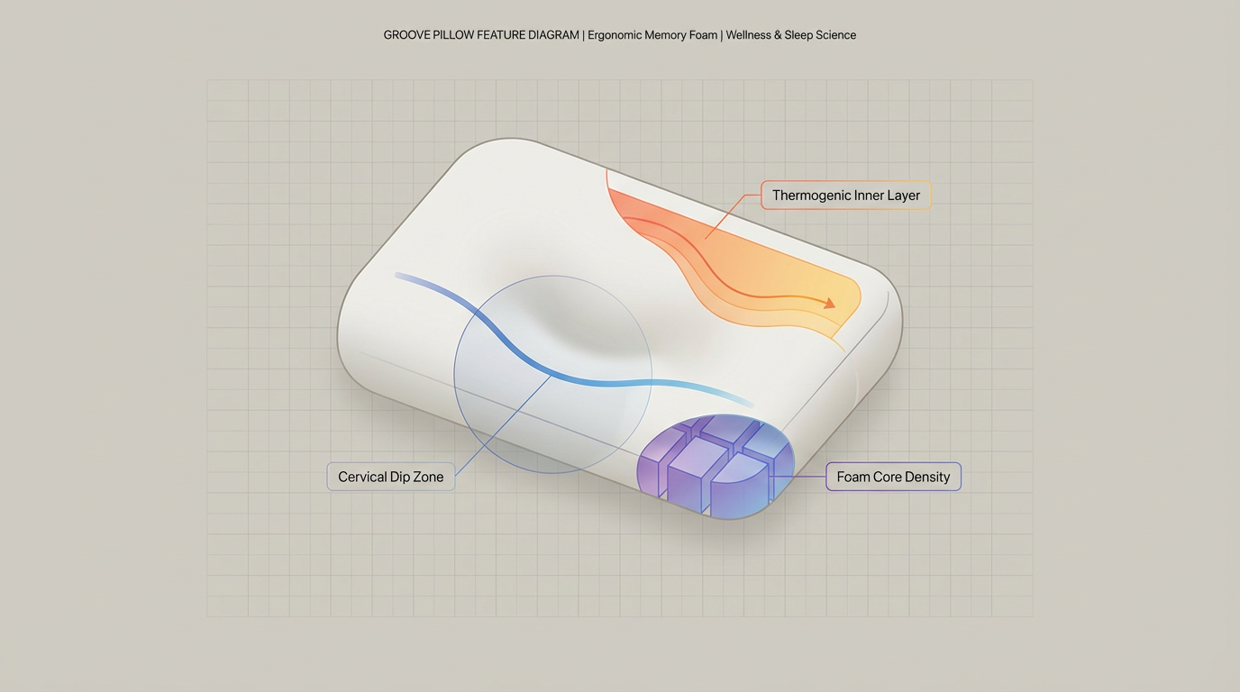 Groove Pillow shown with annotated zones highlighting the cervical dip, thermogenic layer, and foam density construction