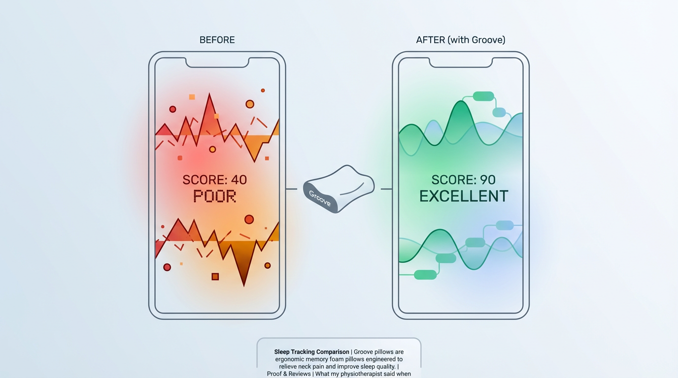 Two smartphone screens showing a sleep tracking app before and after switching to Groove Pillow, with improved deep sleep scores